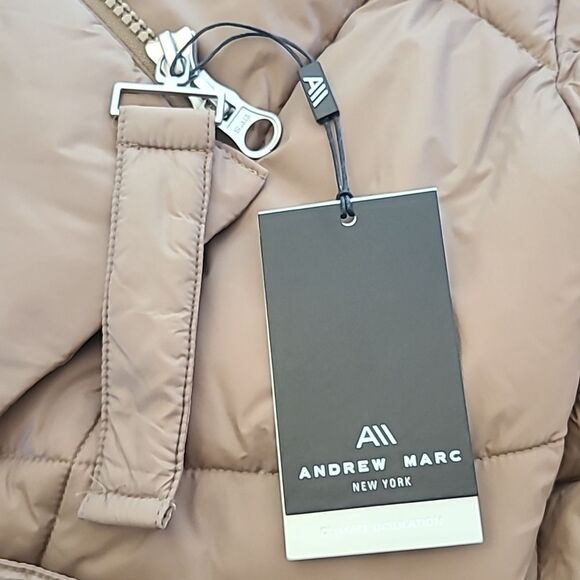 ANDREW MARC Pavia Quilted Faux Down Hooded Puffer Quilted Coat Tan Camel Size M - Picture 14 of 16